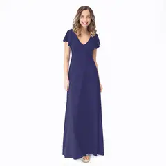 MARIA PASKARO - Vestido Largo Mangas Azul Marino Lycra Lazo Espalda