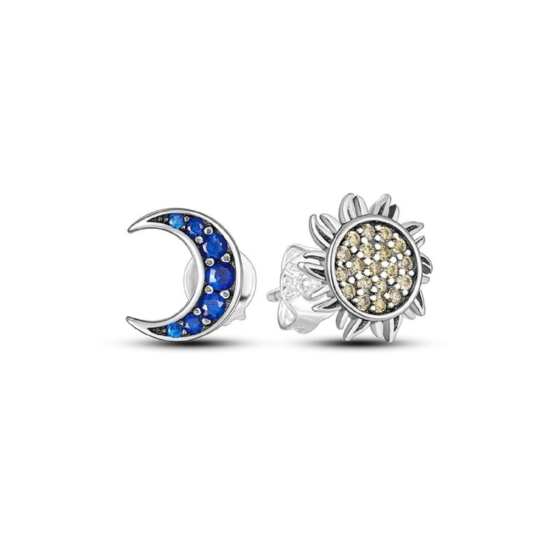 SILVER HEART - Aros Tipo Broche Luna - Sol y Circones en Plata Fina 925 SILVER HEART