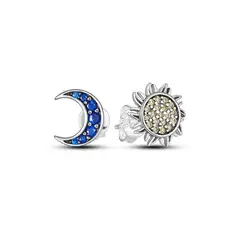 SILVER HEART - Aros Tipo Broche Luna - Sol y Circones en Plata Fina 925
