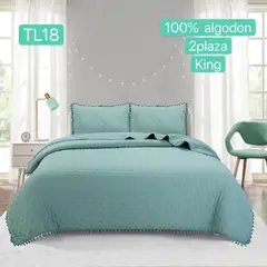 TODOHOGAR SANTIAGO DE CHILE - Cubrecamas Algodón con pompones 2P verde agua