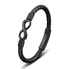 MILLAM - Pulsera de Cuero Negro con Broche a Presión y Dije Infinito