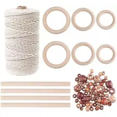 GENERICO - Kit Macramé 70 Accesorios Madera 100 M Cordón Algodón 3 Mm