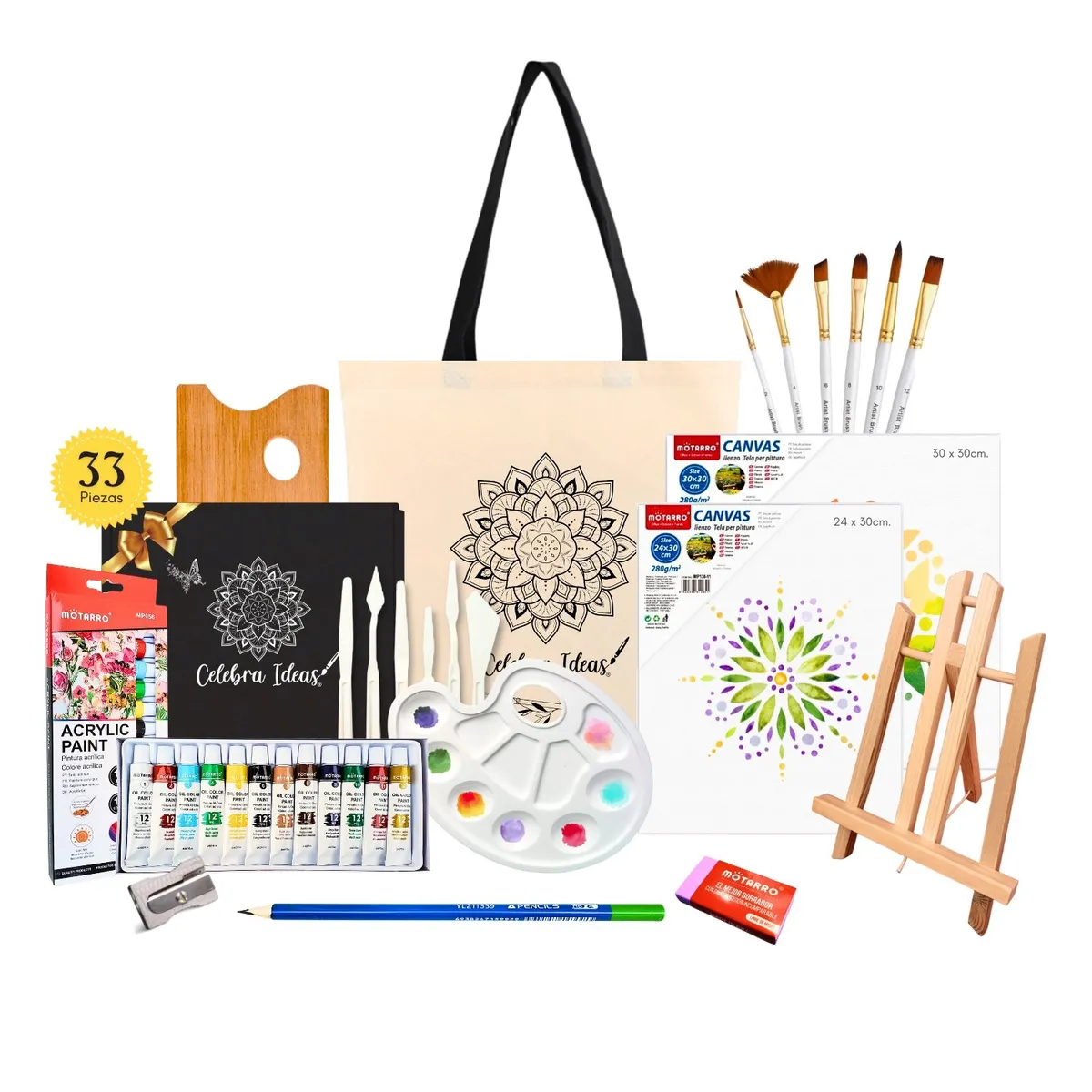 CELEBRA IDEAS - Set de Arte pinturas Acrílicos lienzos Atril Kit Arte pincel