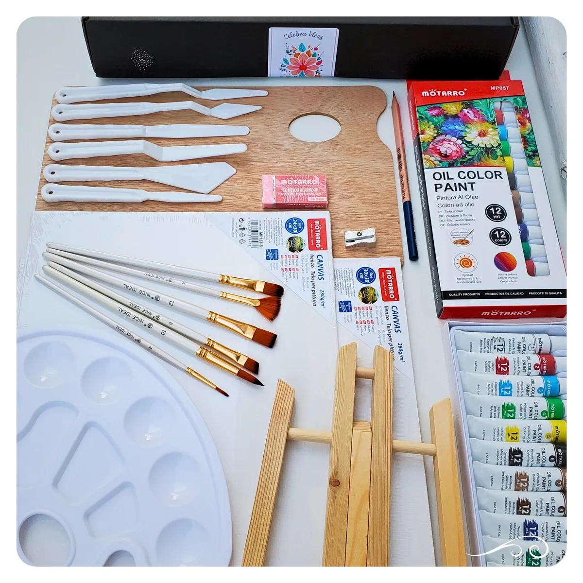 CELEBRA IDEAS - Set de Arte pinturas Acrílicos lienzos Atril Kit Arte pincel