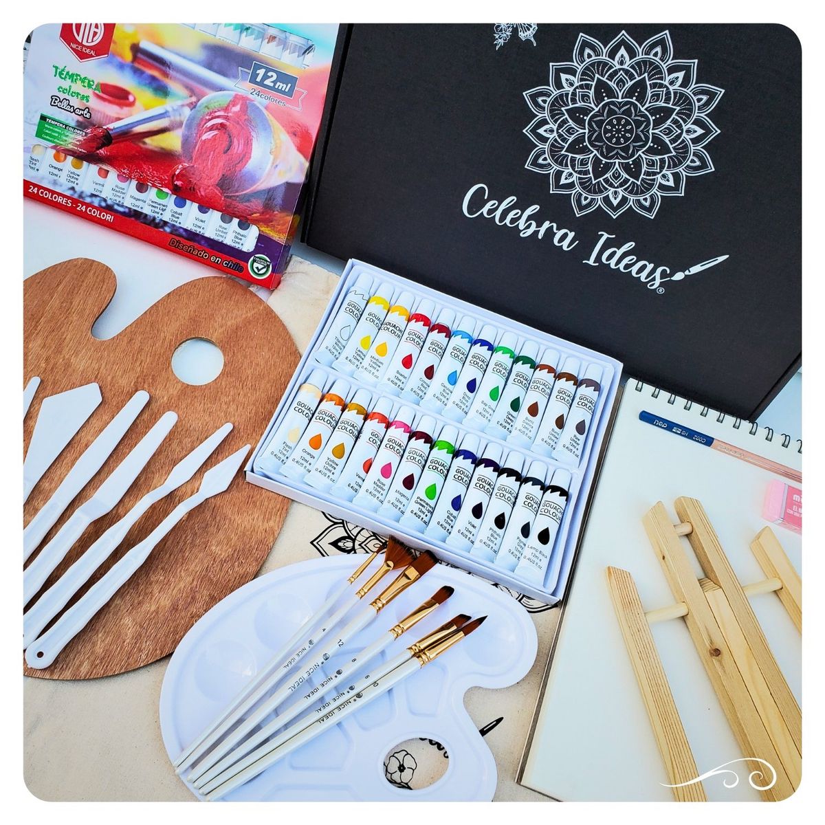 CELEBRA IDEAS - Set de Arte Pintura Gouache con atril 44 Pcs Kit 24 colores