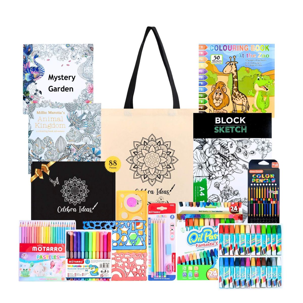 CELEBRA IDEAS - Set kit Arte de Dibujo Para Colorear lápices pastel y accesorios 88 pcs