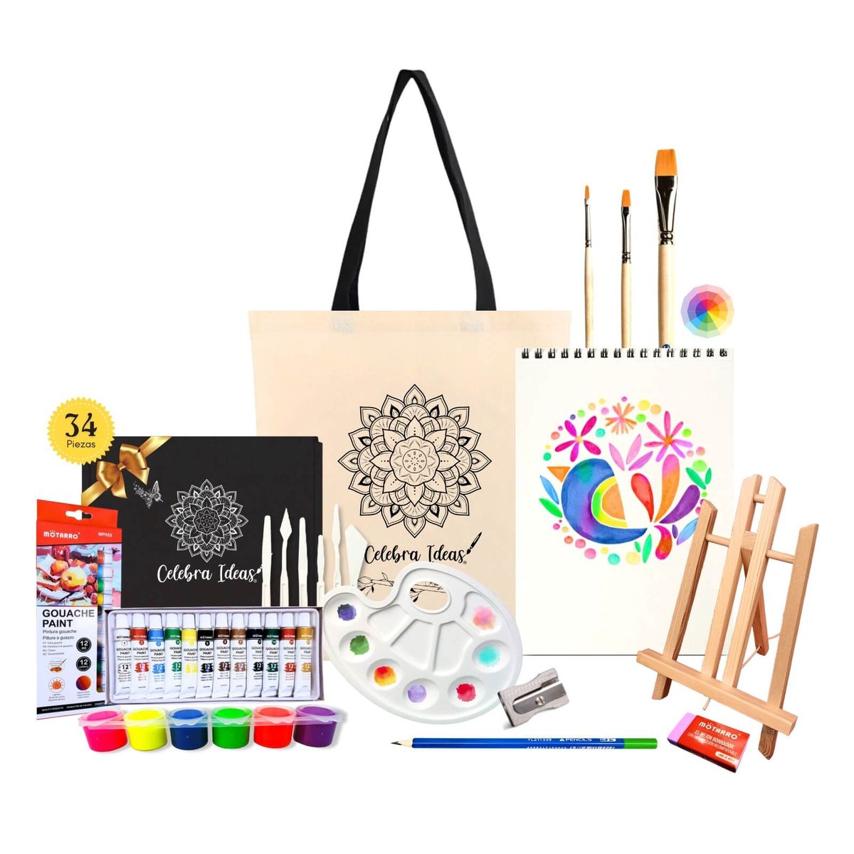 CELEBRA IDEAS - Set Arte Pinturas Gouache + Témperas Flúor atril 34 piezas
