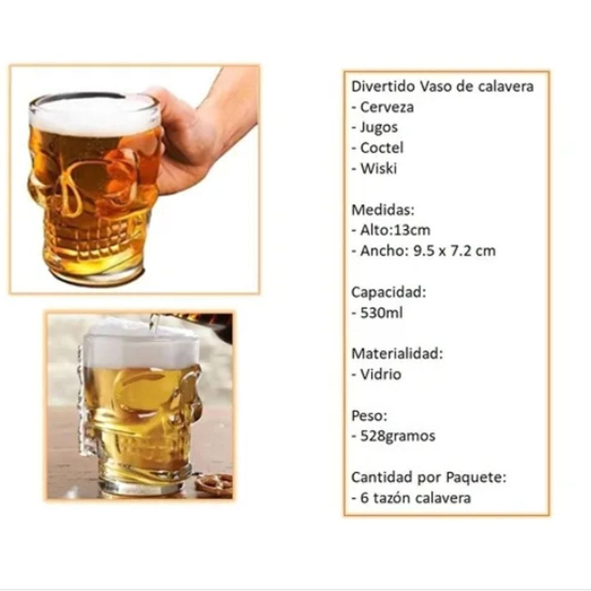 GENERICO - Set 6 Vasos Shoperos Calavera 530 Cc Jarra , Cerveceros