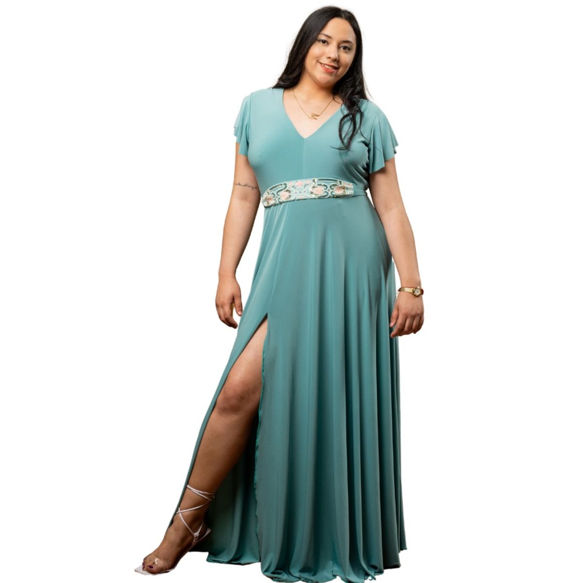 GENERICO - VESTIDO LARGO CUELLO EN V IDEAL PARA FIESTA GALA MATRIMONIO