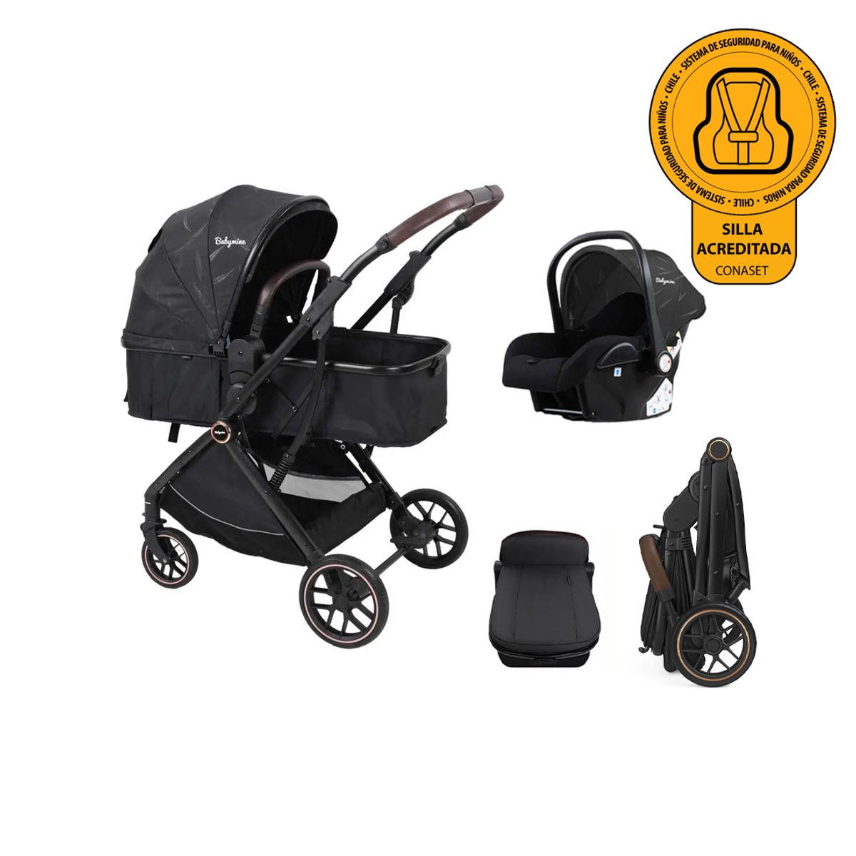 BABYMINE - Coche de Bebé Travel System E-Crib Negro