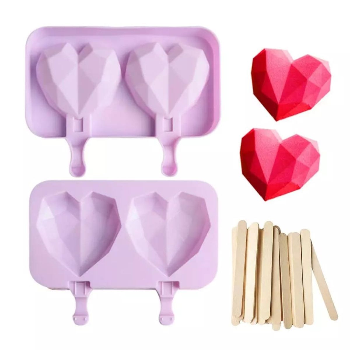 GENERICO - Pack x2 Molde Silicona 2 Helados Diseño Corazon + Paletas
