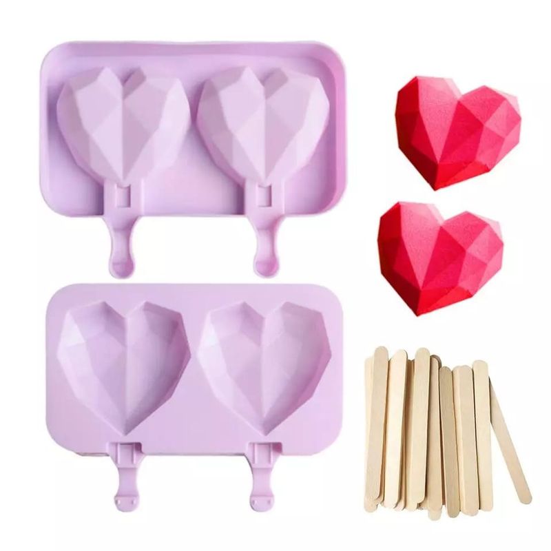 GENERICO - Pack x2 Molde Silicona 2 Helados Diseño Corazon + Paletas