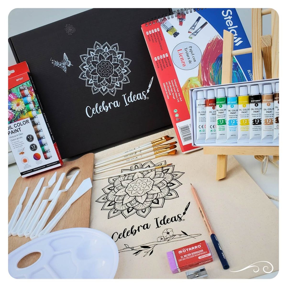 CELEBRA IDEAS - Set Arte pinturas óleos con Atril y croquera Kit 32 piezas