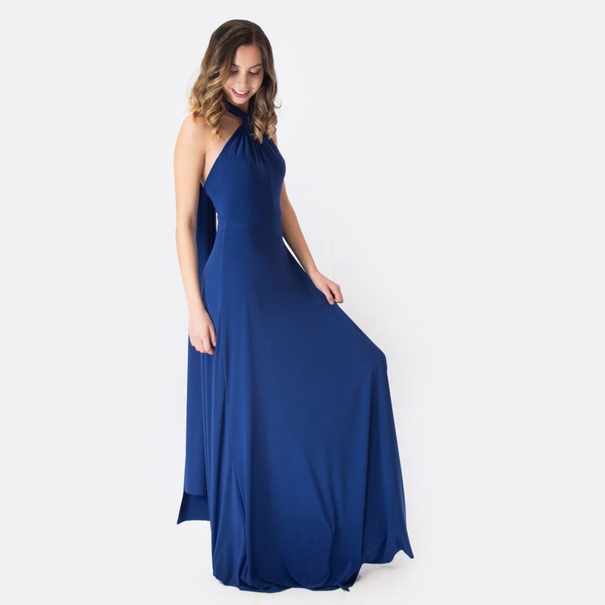 MARIA PASKARO - Vestido Largo Oporto Azul Marino Lycra Halter Amarra Maria Paskaro