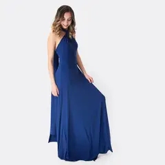 MARIA PASKARO - Vestido Largo Oporto Azul Marino Lycra Halter Amarra
