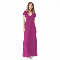 MARIA PASKARO - Vestido Largo Mangas Magenta Lycra Lazo Espalda - Magenta