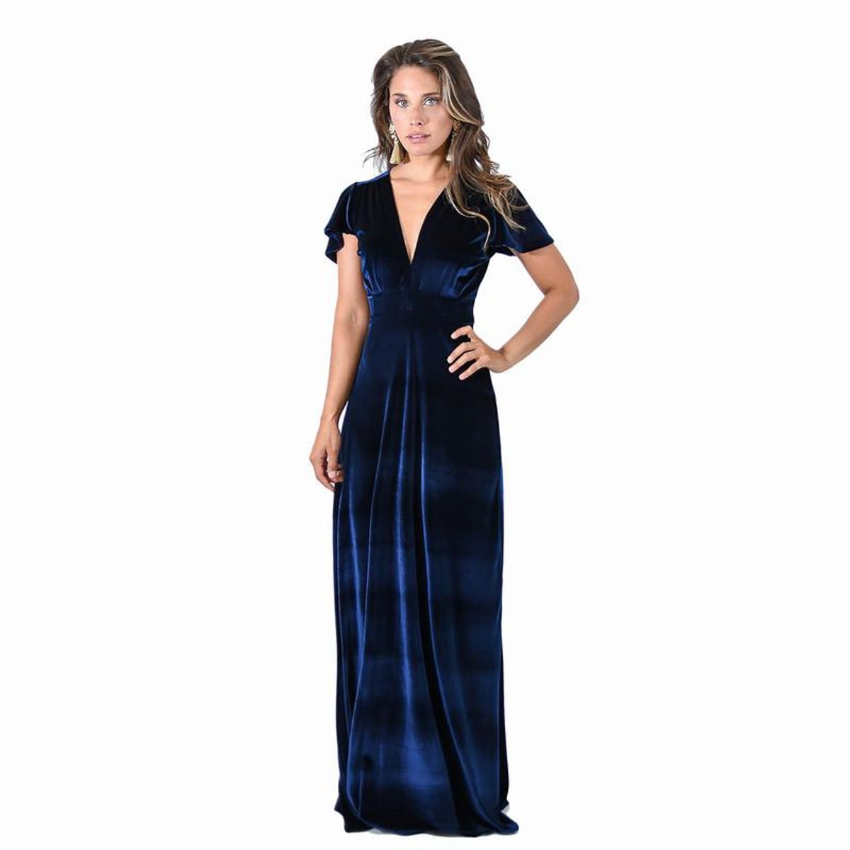 MARIA PASKARO - Vestido Largo York Azul Marino Terciopelo Mangas  Maria Paskaro - Azul Marino.-