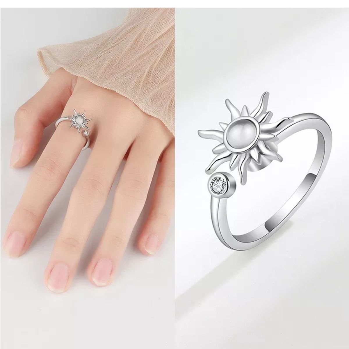 GENERICO - Anillo plata 925 sol ajustable giratorio anti estres