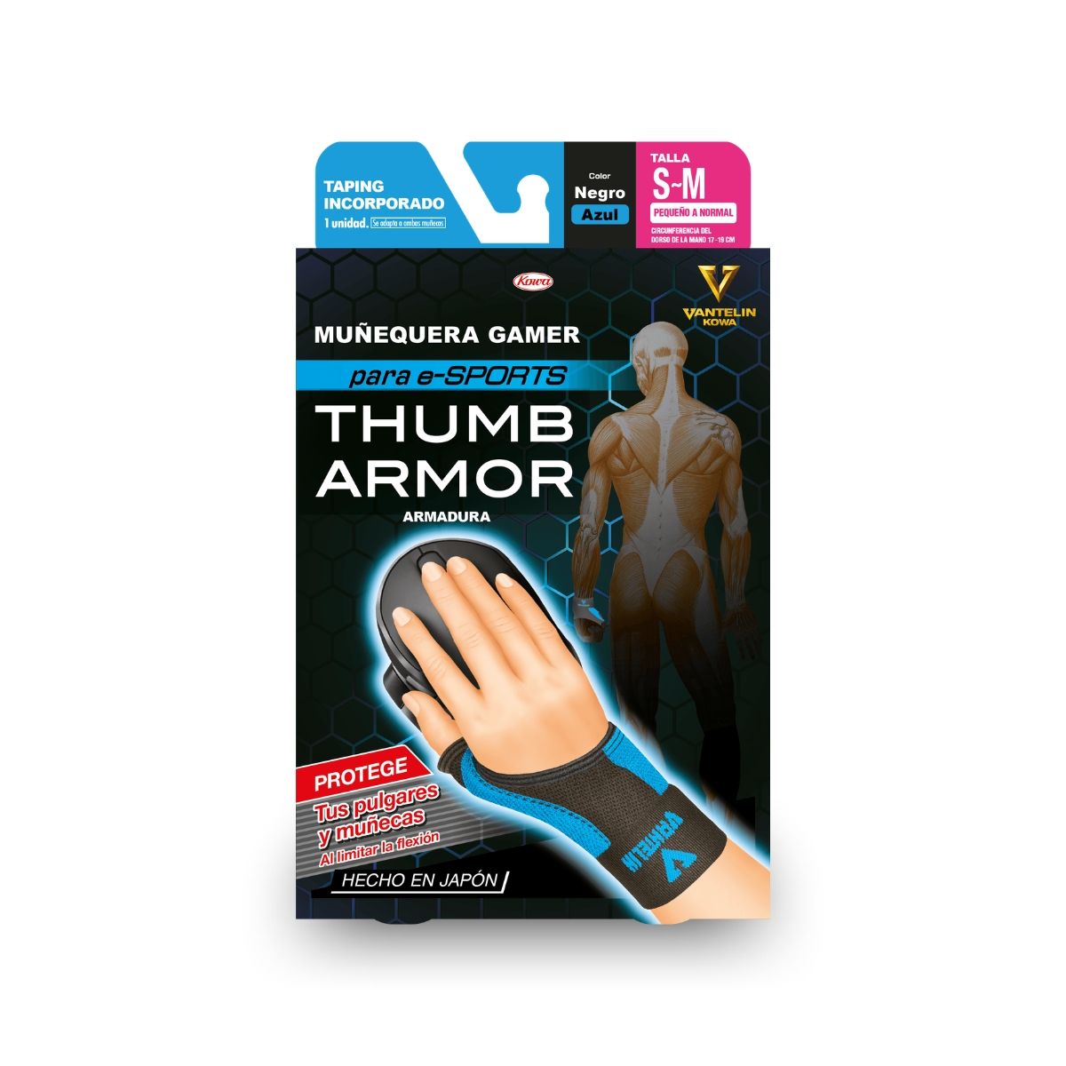 VANTELIN - Thumb Armor Muñequera Para Gamers Talla S-M Neon Blue