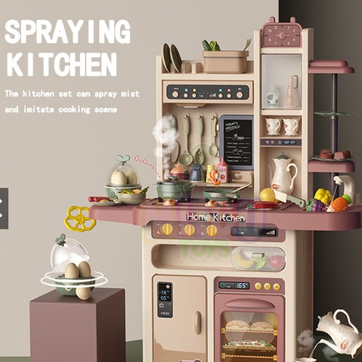 GENERICO - Cocina Juguete Rosa 65 Piezas 93.5cms Altura Vapor Agua + Regalo