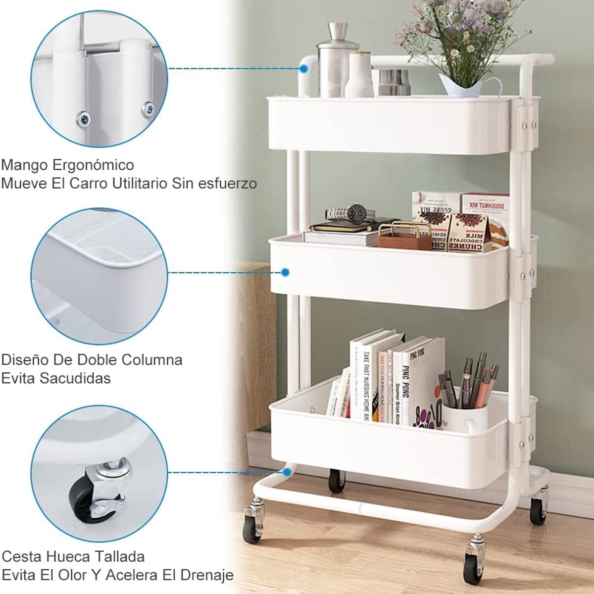 MP - Carro Estante Organizador Multiuso Con 3 Niveles Y Ruedas