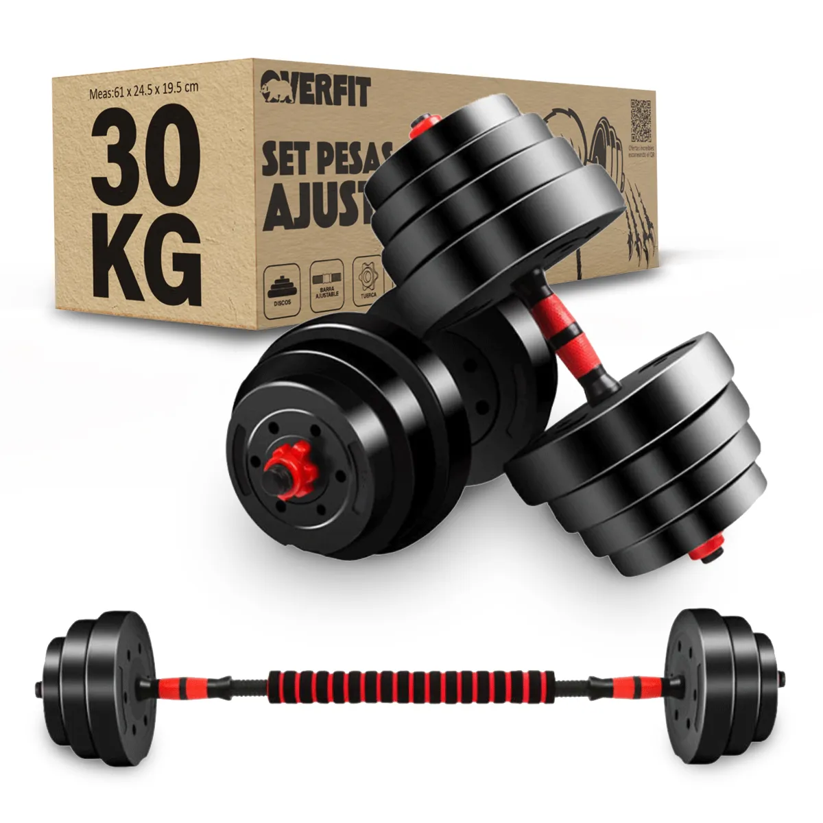 OVERFIT - Set Mancuernas Y Barra Unibles 30kg Fitness Pesas Ajustables