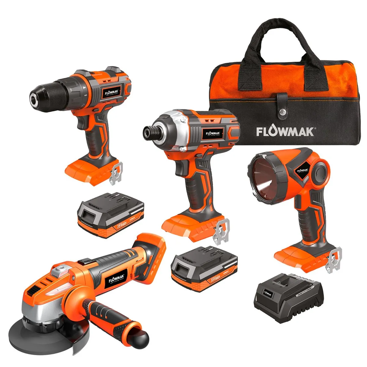 FLOWMAK - Kit Taladro 13mm Atornillador y Linterna 18v Esmeril extra