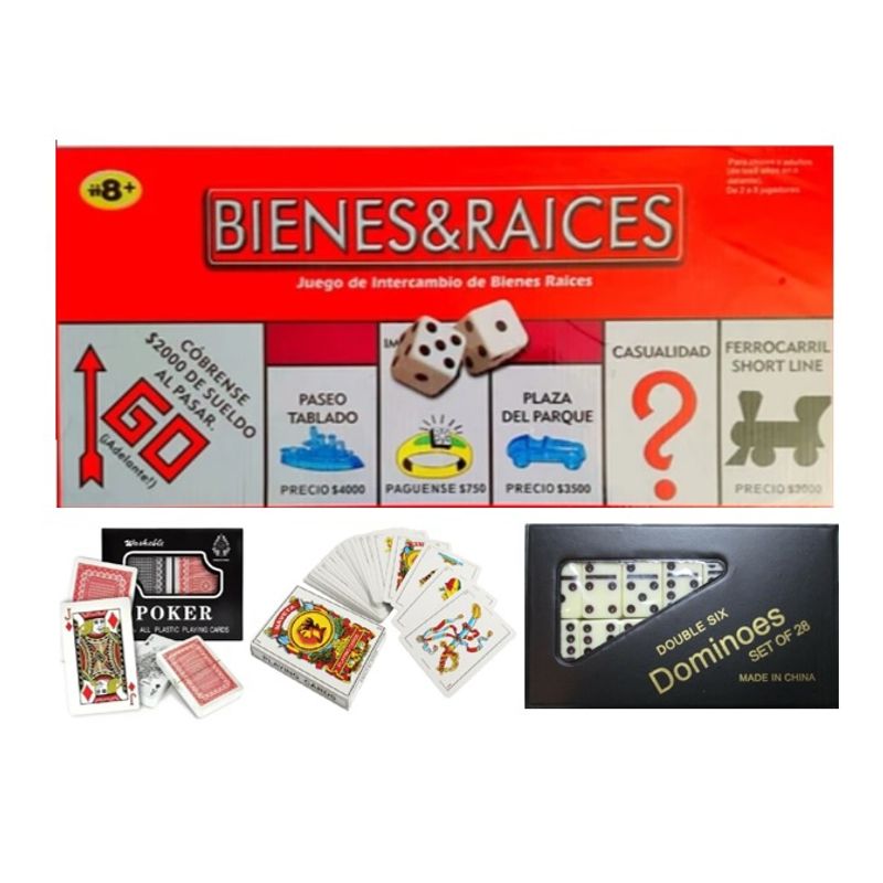 GENERICO - Pack Bienes Raices Naipe Español Ingles Plástico y Dominó