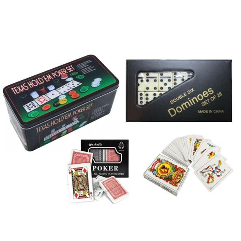 GENERICO - Pack Set Poker Naipe Español e Ingles de plástico y Dominó