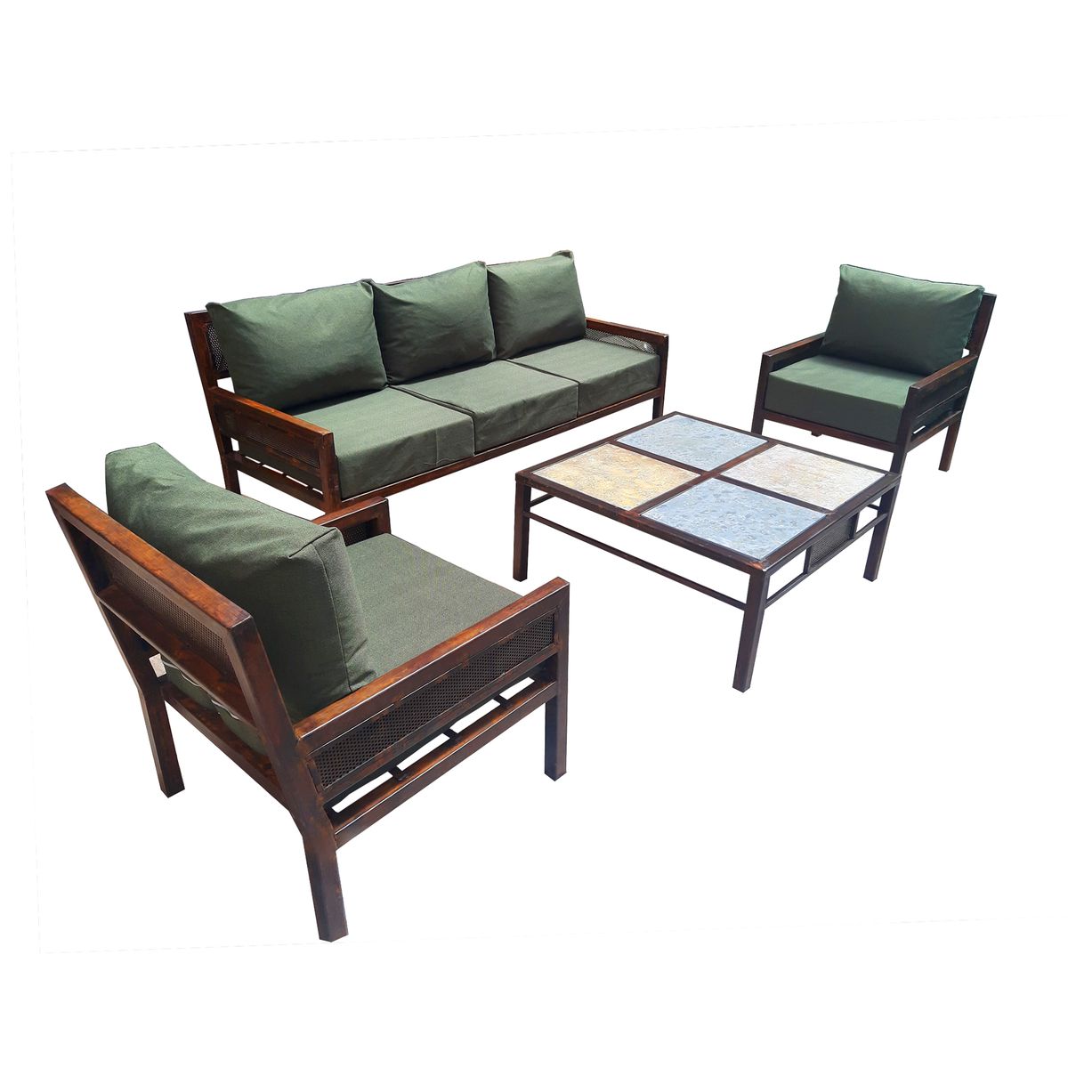 GENERICO - Juego de Living en Fierro Etrusco "Perfil/Malla" con Mesa de Centro 4 Piedras