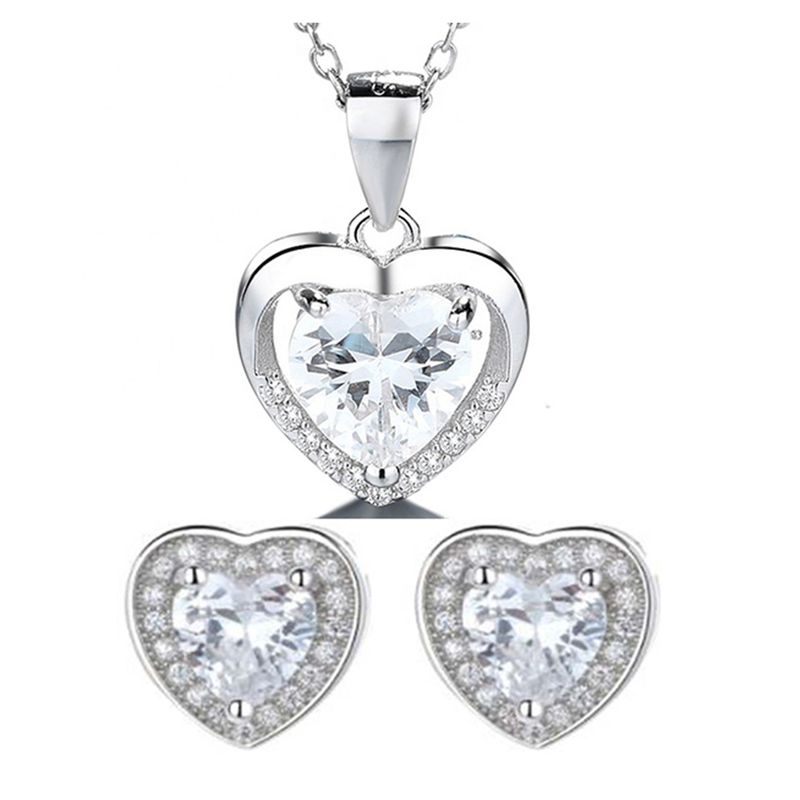 GENERICO - Joya Conjunto Collar Cadena Colgante Aros Plata 925 Corazón Mujer