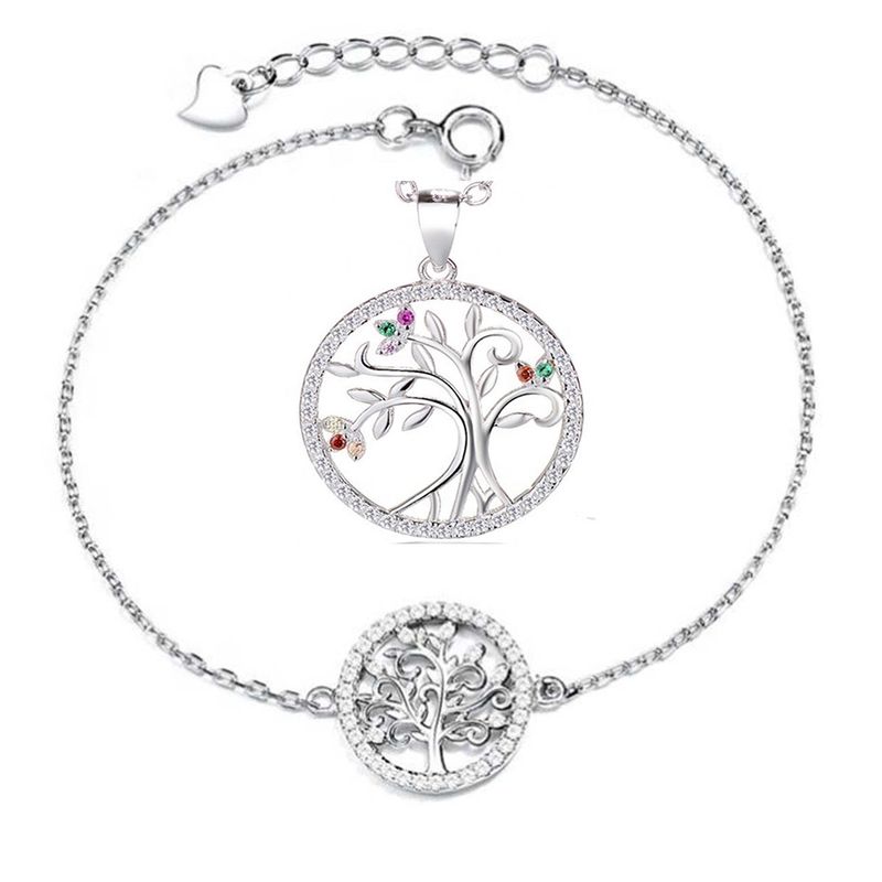 GENERICO - Joya Conjunto Colgante Cadena Pulsera Plata 925 Árbol de la Vida Mujer