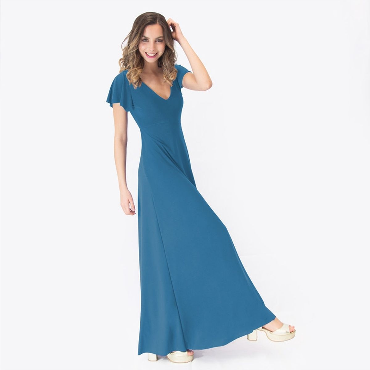 MARIA PASKARO - Vestido Largo Mangas Turquesa Lycra Lazo Espalda Maria Paskaro MARIA PASKARO