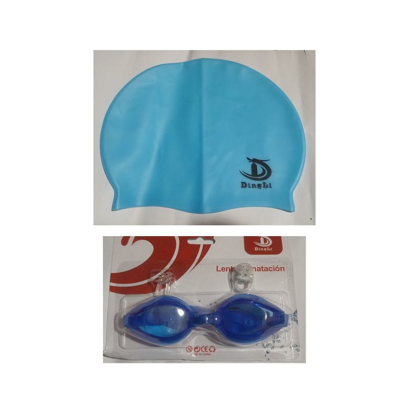 GENERICO - Set de natación azul gorro lentes tapones y clip