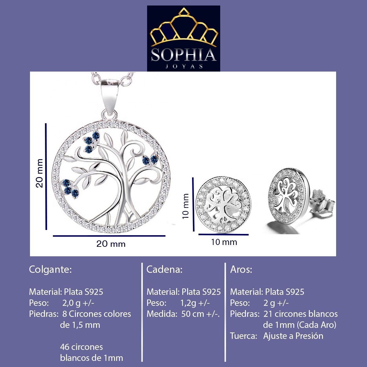 GENERICO - Joya Conjunto Colgante Cadena Aros Plata 925 Árbol de la Vida Mujer