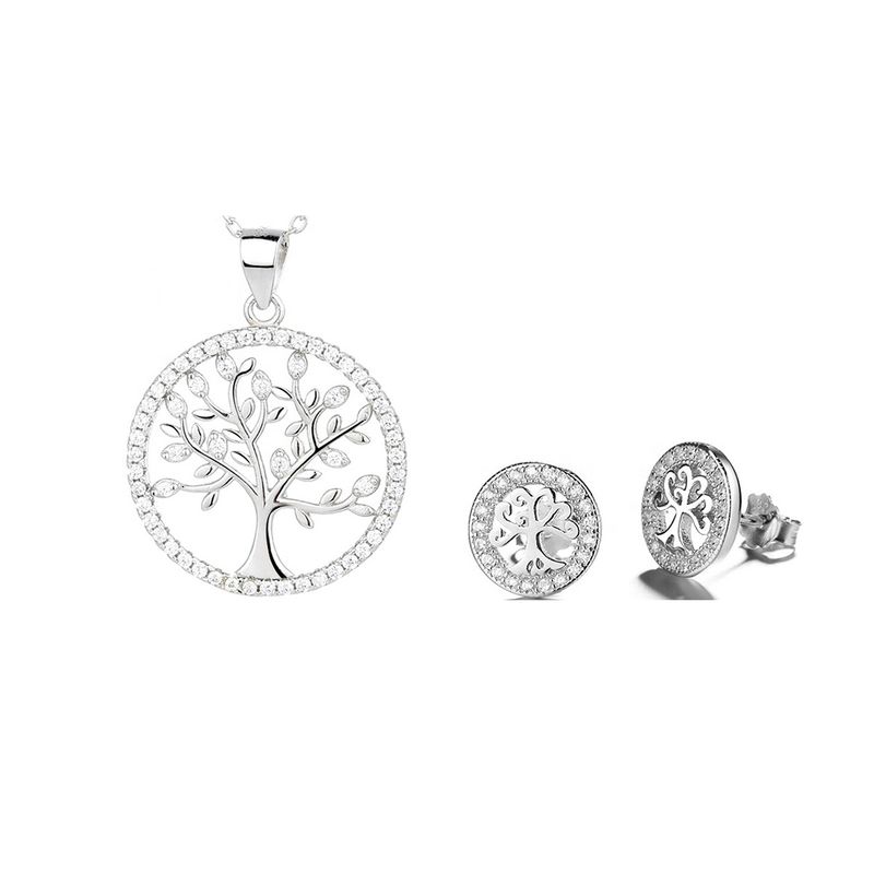 GENERICO - Joya Conjunto Colgante Cadena Aros Plata 925 Árbol de la Vida Mujer