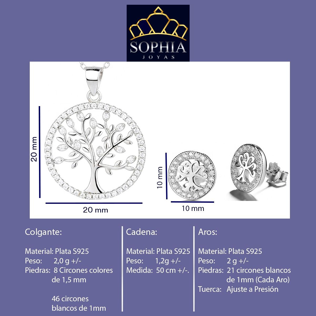 GENERICO - Joya Conjunto Colgante Cadena Aros Plata 925 Árbol de la Vida Mujer