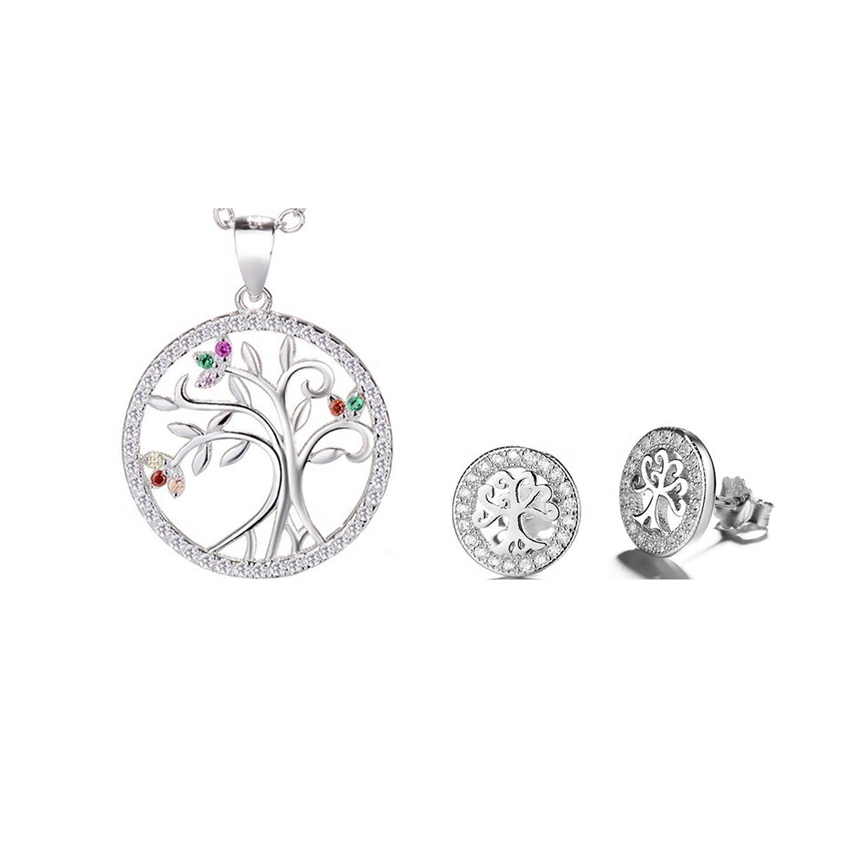 GENERICO - Joya Conjunto Colgante Cadena Aros Plata 925 Árbol de la Vida Mujer