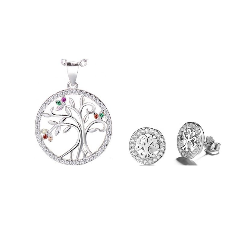 GENERICO - Joya Conjunto Colgante Cadena Aros Plata 925 Árbol de la Vida Mujer