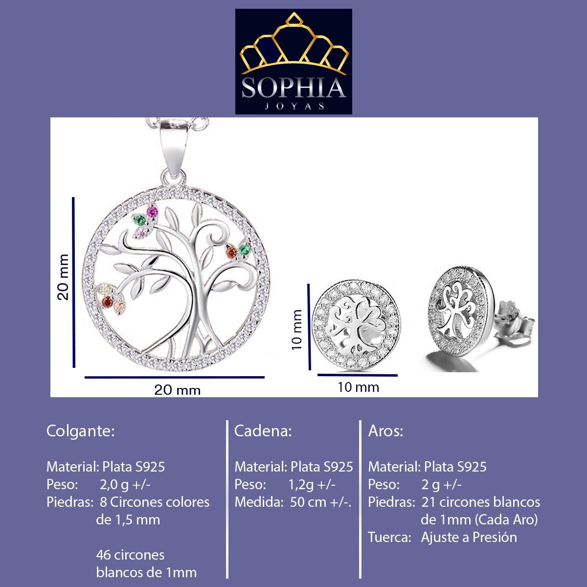 GENERICO - Joya Conjunto Colgante Cadena Aros Plata 925 Árbol de la Vida Mujer