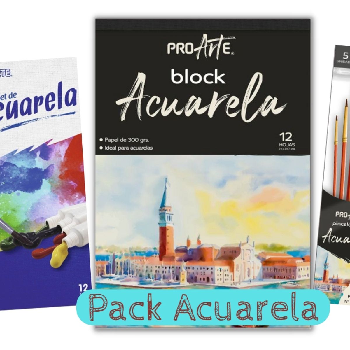 PROARTE - Super Pack Acuarela, 12 Tubos, 5 Pinceles y 1 Block