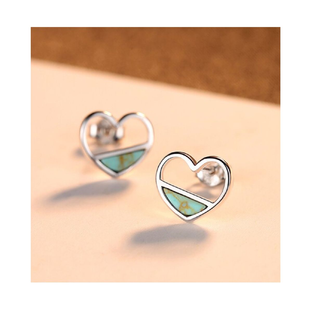SILVER HEART - Aros Modelo Corazón Turquesa en Plata Fina 925 SILVER HEART