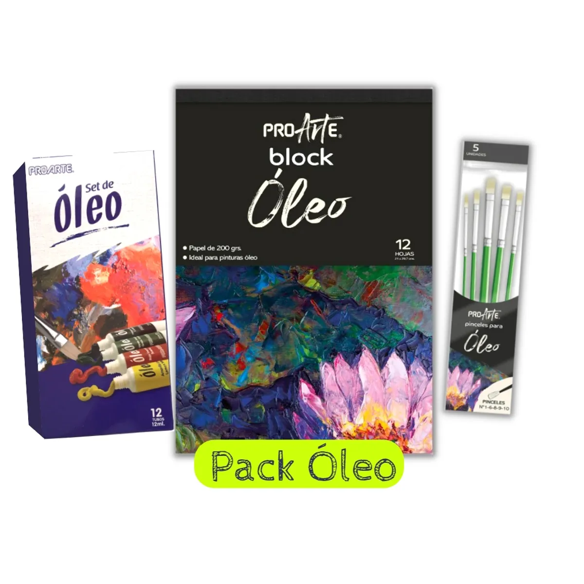 PROARTE - Super Pack Óleo, 12 Tubos, 5 Pinceles y 1 Block de 12 Hojas