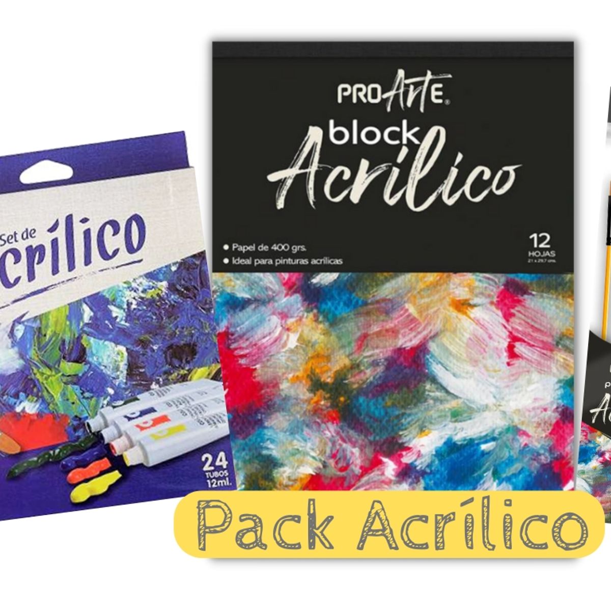 PROARTE - Super Pack Acrílico, 24 Tubos, 5 Pinceles y 1 Block