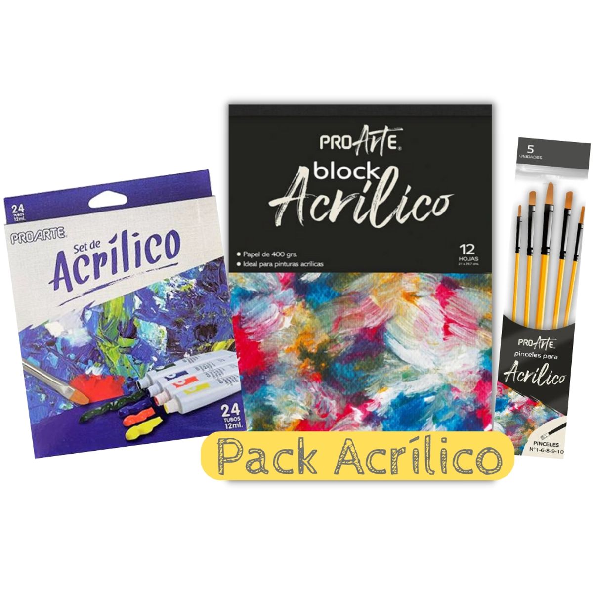 PROARTE - Super Pack Acrílico, 24 Tubos, 5 Pinceles y 1 Block