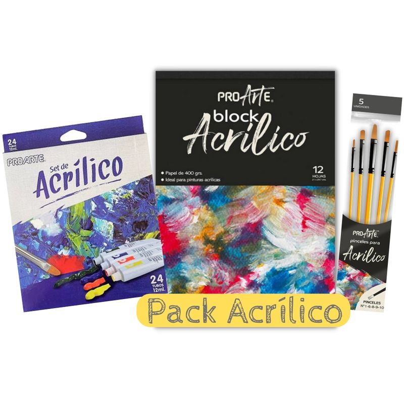 PROARTE - Super Pack Acrílico, 24 Tubos, 5 Pinceles y 1 Block