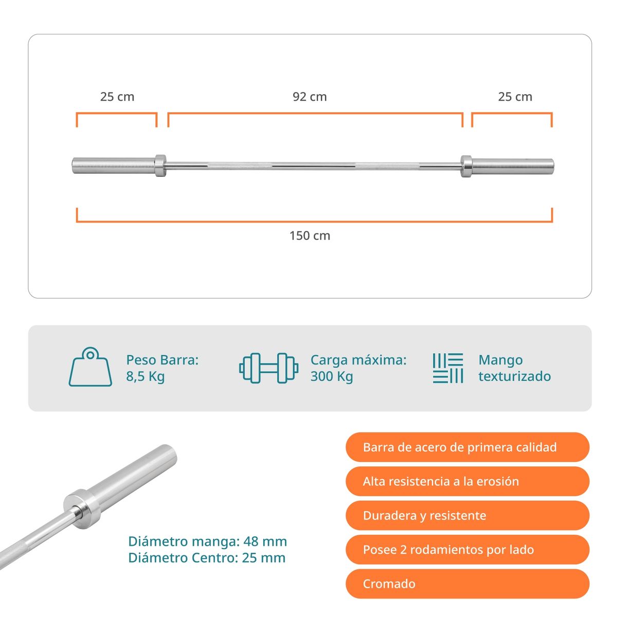 BODYTRAINER - Barra Olimpica Bodytrainer 8,5 KG 1,5M