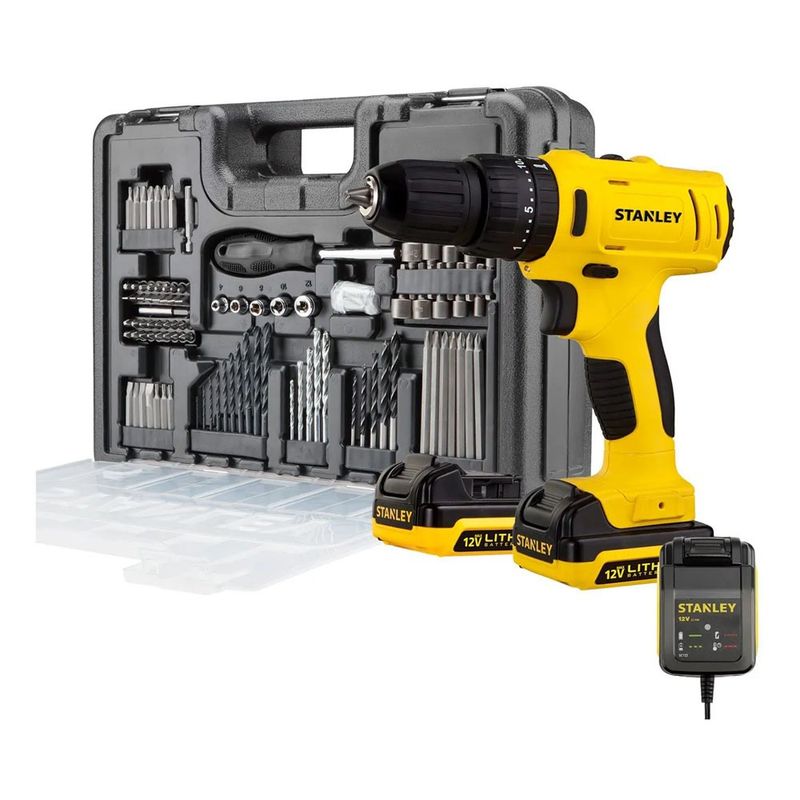 STANLEY JR - Taladro percutor inalámbrico de 10mm Stanley SCH121S2KA 12V + accesorios 220V