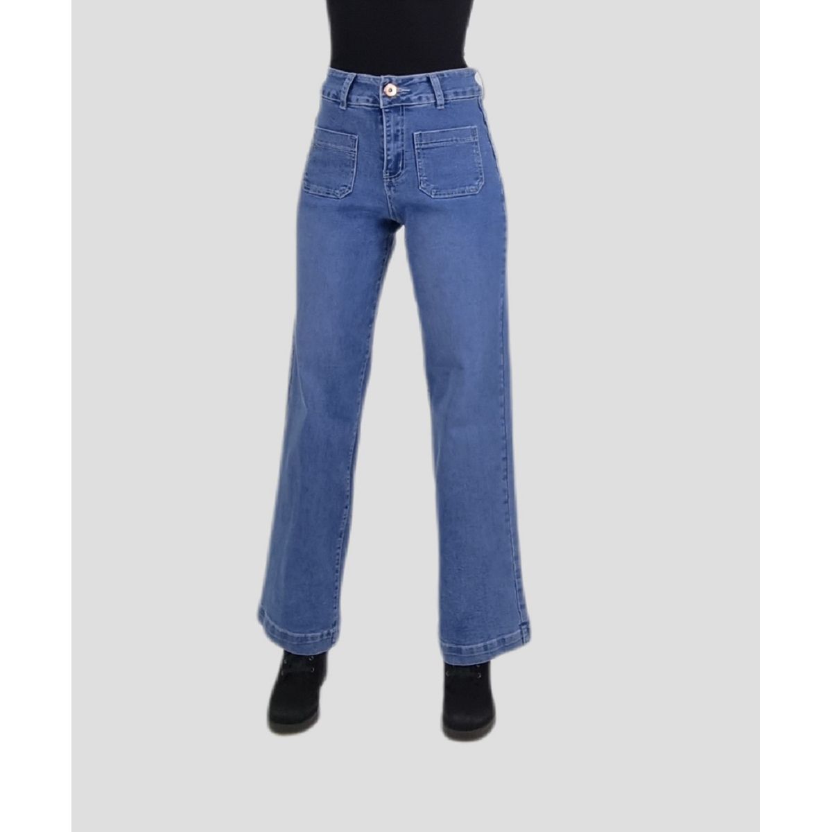 TENTATION - Jeans Wide Leg Tiro Alto Bolsillo Parche