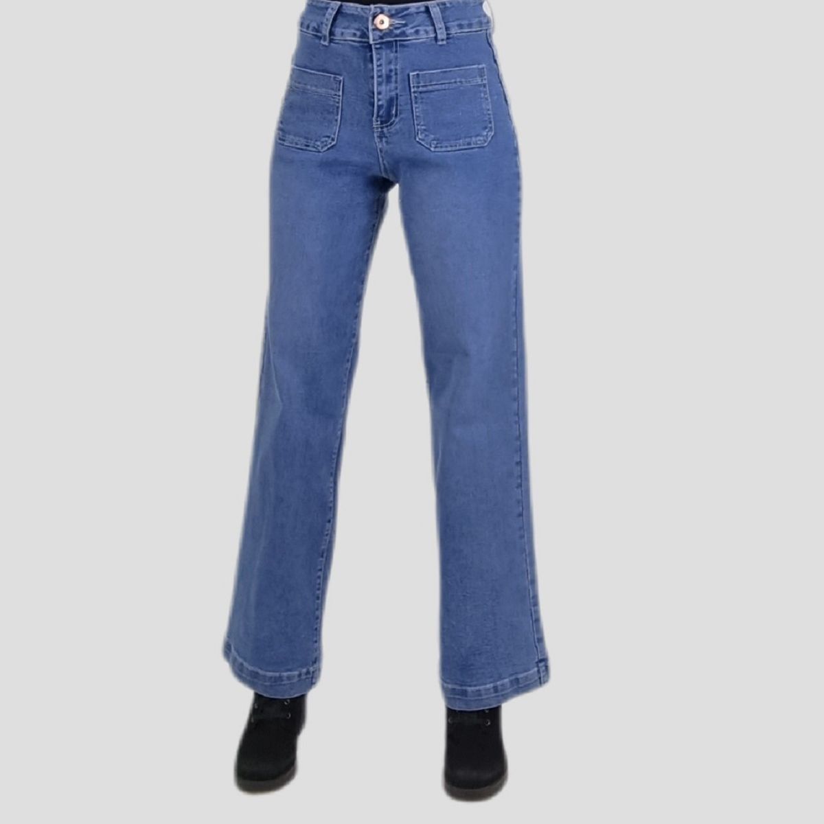 TENTATION - Jeans Wide Leg Tiro Alto Bolsillo Parche